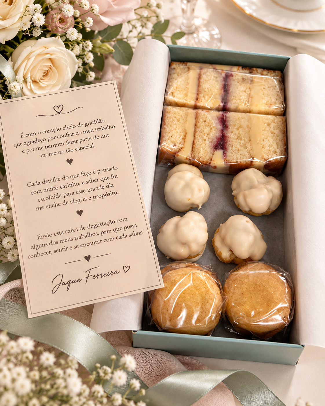 Box degustação da JACQUE com carolinas e bem-casados